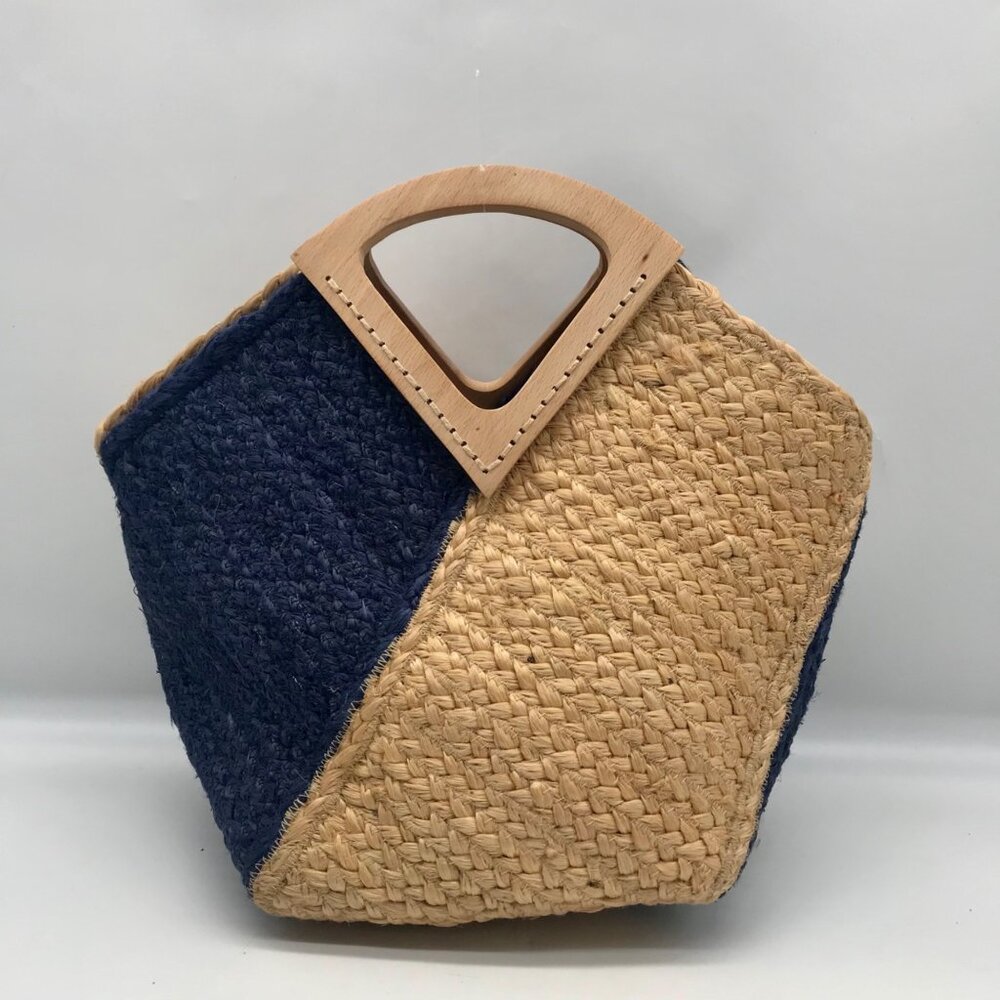 MMS Brands Natural Woven Jute and Blue Braided Tote Bag - Picture 2 of 10